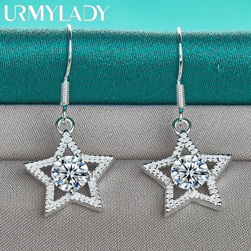URMYLADY 925 Sterling Silver Star Zircon Earrings Eardrop for Women Fashion Charm Wedding Engagement Jewelry