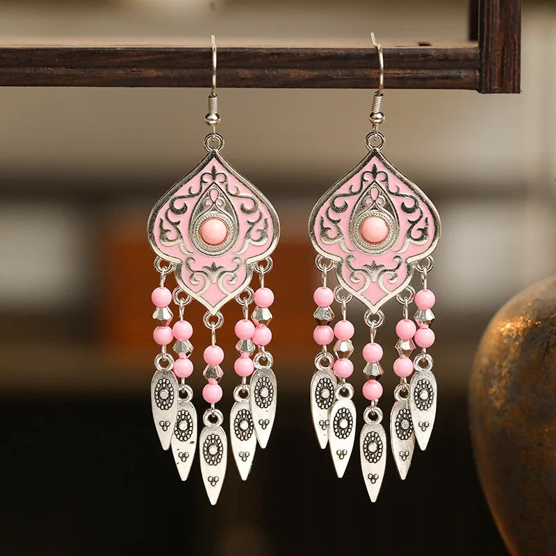 Ethnic Unique Pattern Geometric Charm Earrings for Women Creative Drop Oil Colorful Beads Metal Tassel Hanging Earrings Jewelry