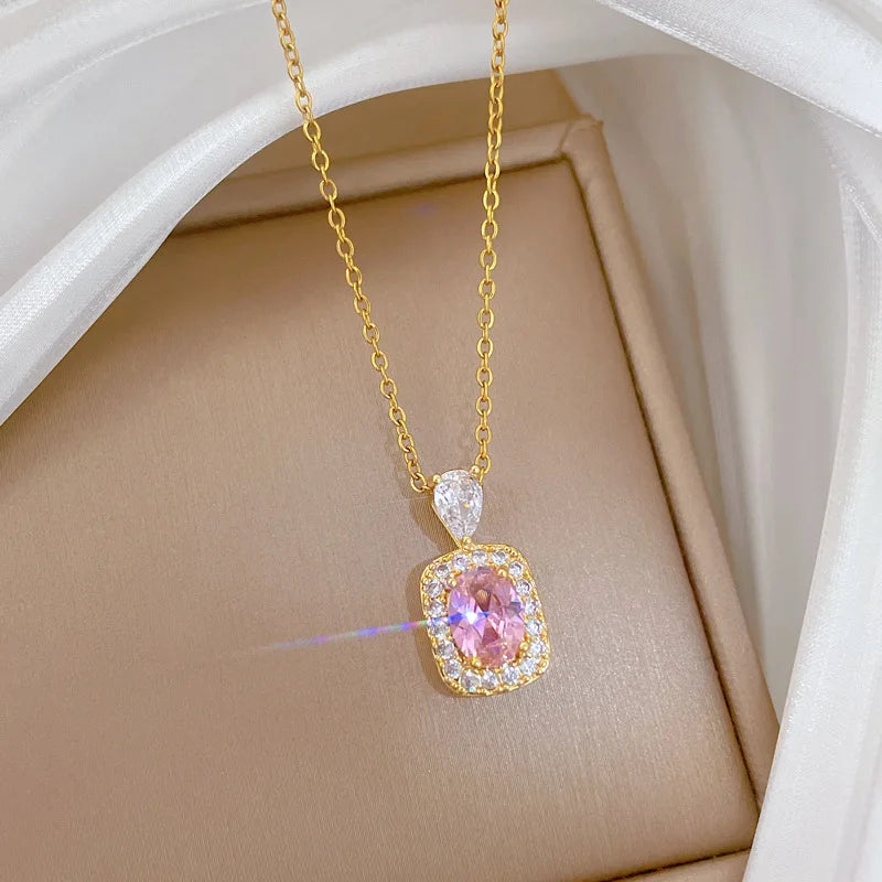 316L Stainless Steel Pink Crystal Pearl Charm Necklace Earrings For Women Girl New Trend Non-fading Jewelry Set Gift
