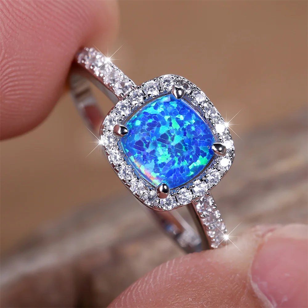 Blue Opal Square Engagement Ring White Round CZ Stone Wedding Rings For Women Silver Color Jewelry Simple Fashion Accessory Gift