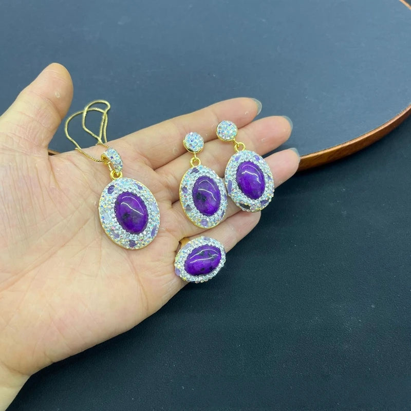 Oval Purple Agate Stone Jewelry Set for Women Handmade Amethyst Rhinestone Turkish Crystal Quartz Jewelry for Wedding Party Gift