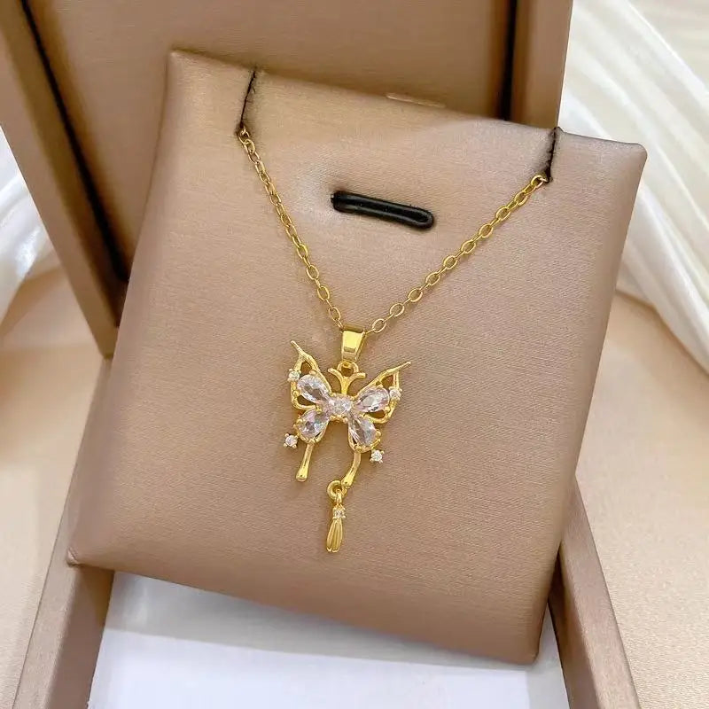 EILIECK 316L Stainless Steel Shine Cubic Zircon Butterfly Pendant Necklace Gold Color Texture Metal Personalized Chain Jewelry