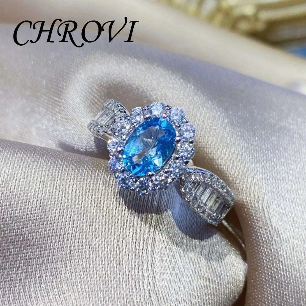 Fashion 925 sterling silver sky blue topaz full diamond minimalist style open ring for women - finger ring