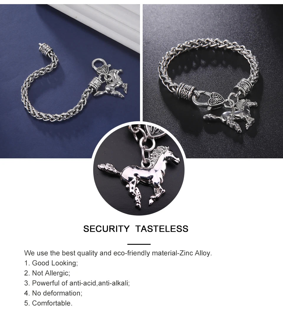 My Shape Punk Horse Charm Pendant Bracelet Wheat Chain for Men Women Zinc Alloy Bracelets Bangle Horse Jewelry bracelet cheval