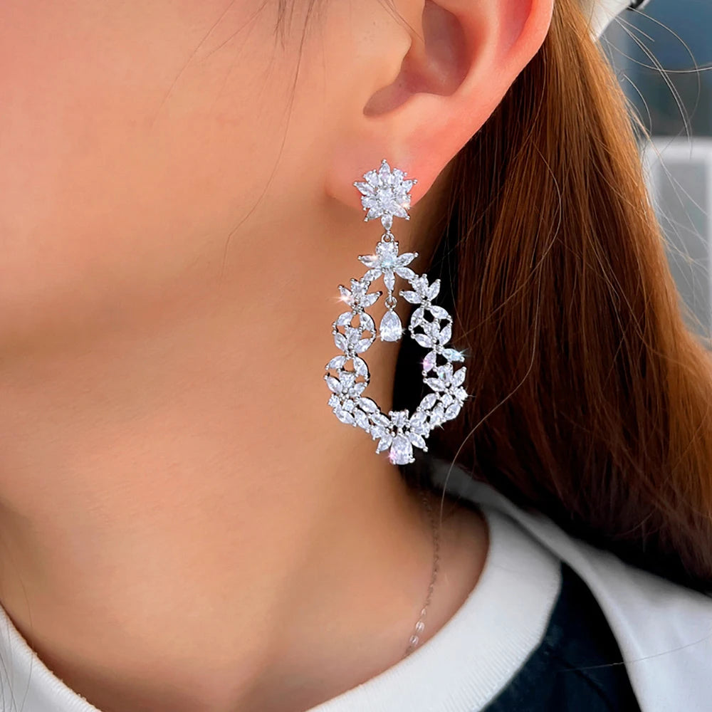 ThreeGraces Shining White Cubic Zirconia Big Long Flower Dangle Bridal Earrings for Women Fashion Wedding Party Jewelry E2018