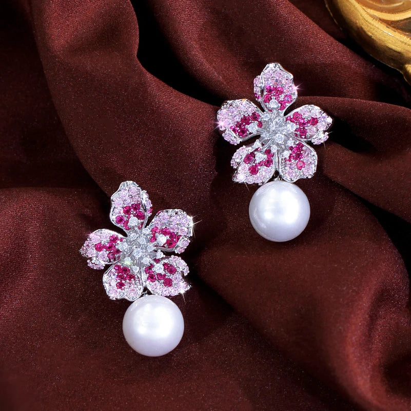 ThreeGraces Gorgeous Shiny Pink Zirconia Big Simulated Pearl Long Flower Dangle Earrings for Women Bridal Party Jewelry  E2005