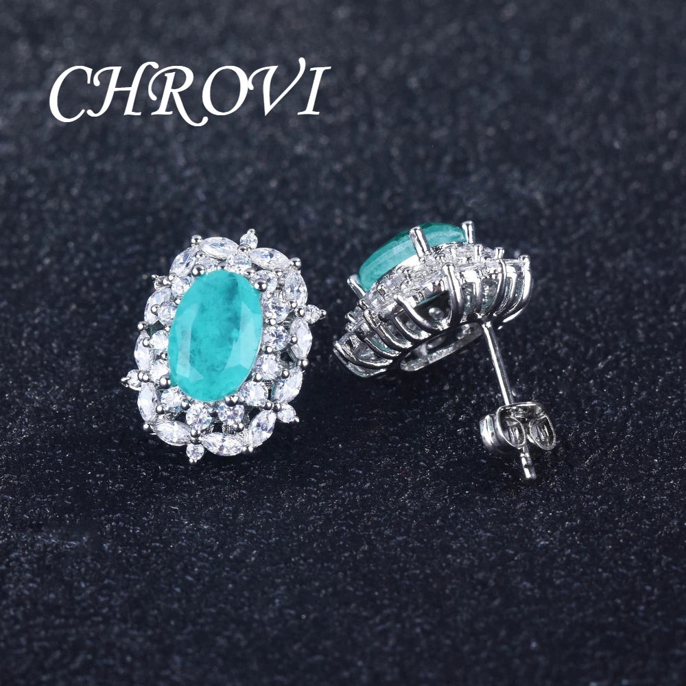 New 925 Pure Silver Paraiba Diamond Necklace - Pendant Gemstone Formal Jewelry Set Including Ring and Earrings