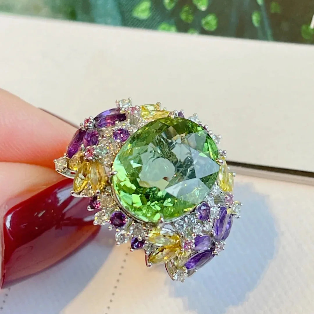 Female Yellow Green Purple Stone Silver Color Oval Flower Wedding Rings Promise Open Adjustable Engagement Jewelry For Women