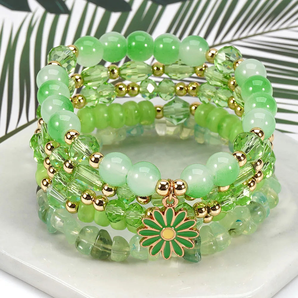 Bohemian Daisy Flower Charm Colorful Crystal Beaded Bracelet Set for Women Summer Beach Hand Jewelry Accessory Boho Wrsit Chains