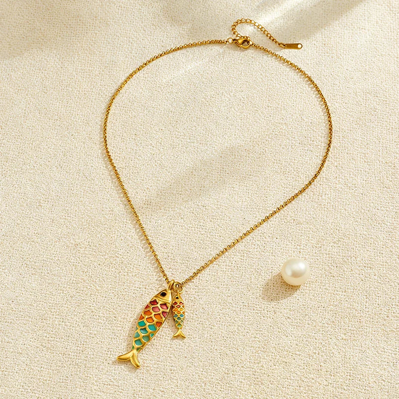 EILIECK Women's Trendy Colorful Creative Fish Pendant Necklace Stainless Steel Neck Chain Daily Water-resistant Jewelry Gift