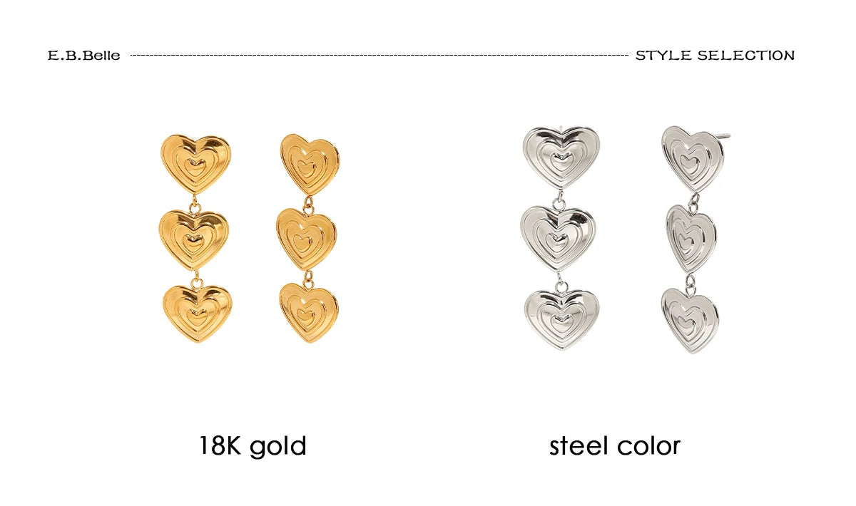 E.B.belle Modern Triple Heart Stud Earrings For Women 18K Gold Plated Waterproof Stainless Steel Earrings Fashion Ladies Jewelry