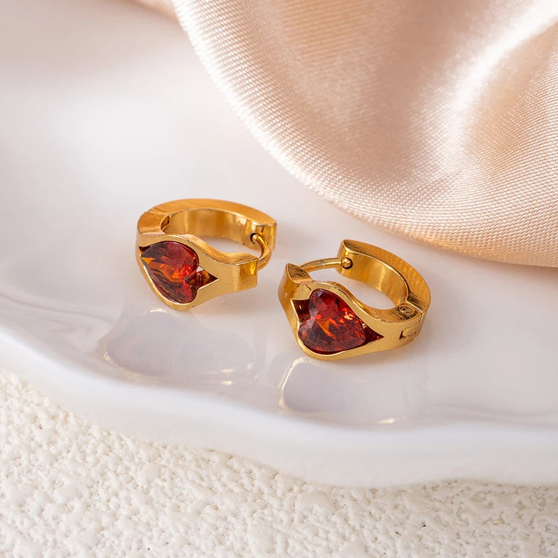 ANENJERY 316L Stainless Steel Geometry Heart Water Drop Zircon Hoop Earrings For Women Men Simple Personality Jewelry Gifts