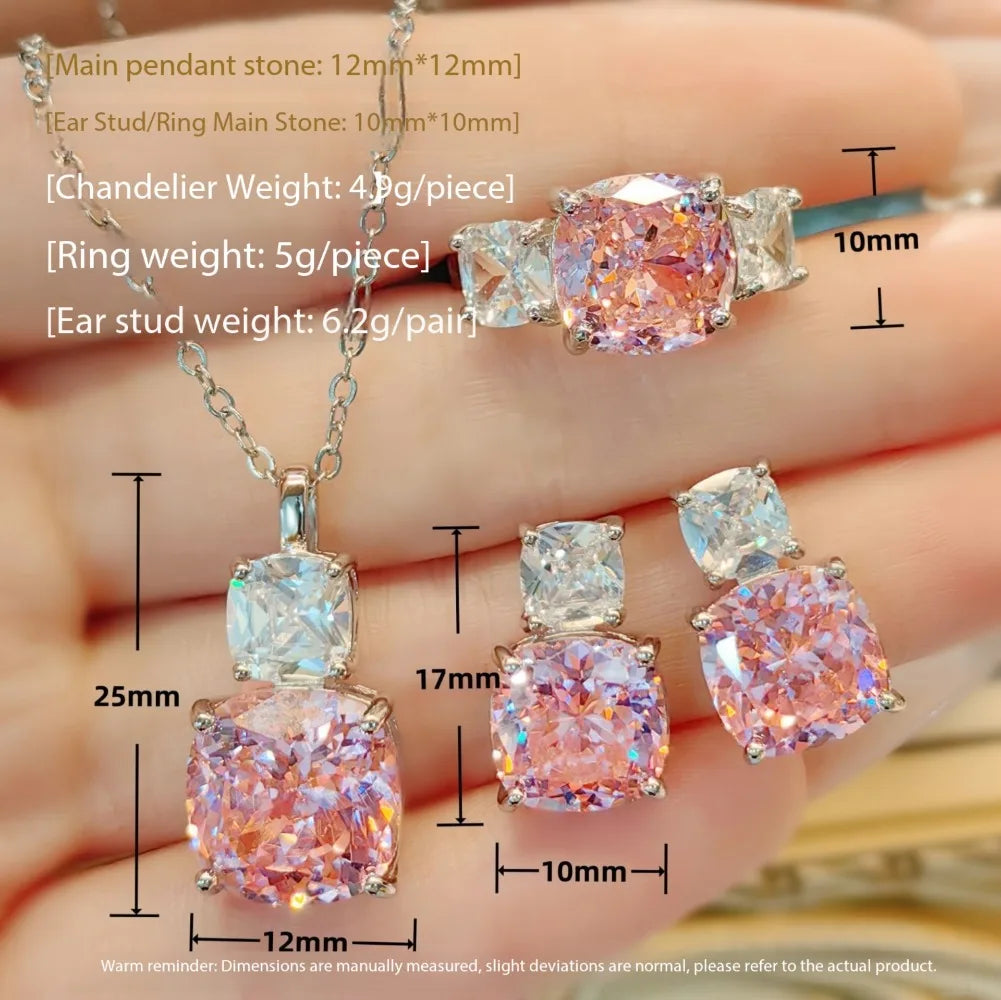 Fashion 925 Sterling Silver Pink Diamond Necklace with Purple Pendant, Stud Earrings, Ring, and Coloured Gemstone Set for Women