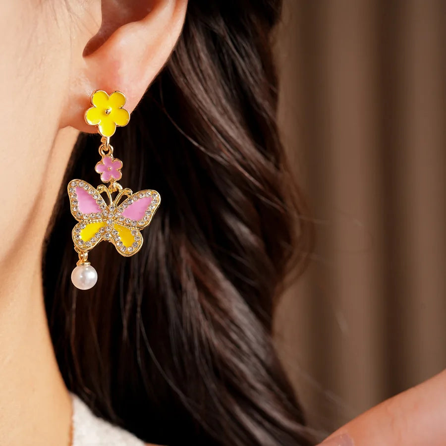 Pink Yellow Butterfly Flower Jewelry Set Sweet Enamel Necklace Drop Earrings Women's Fashion Party Banquet Accessories K