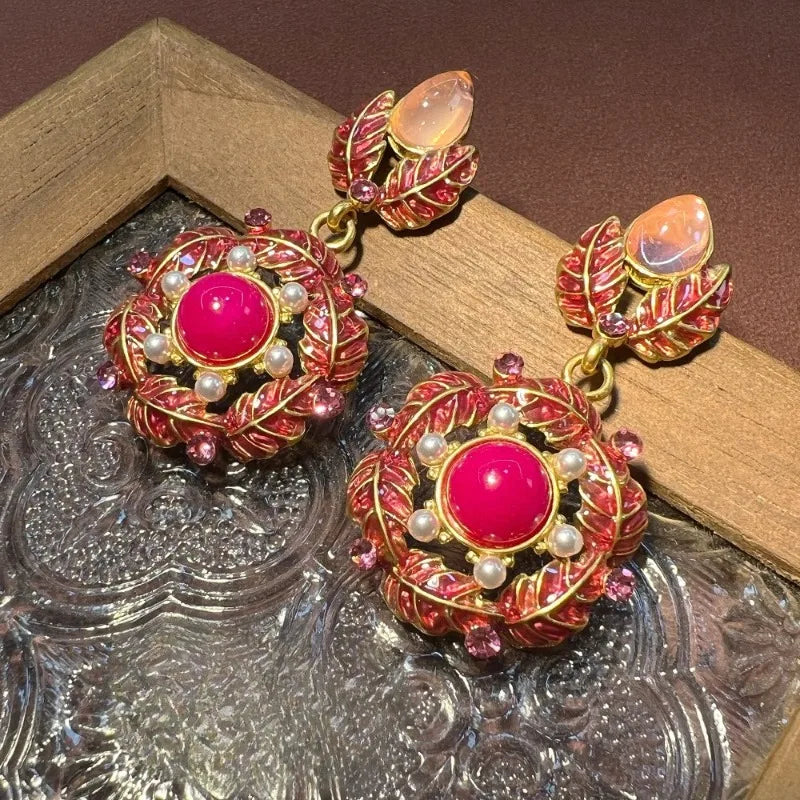 NISHIZAWA Pink Flowers Earrings for Women Enamel Vintage Court Style Jewelry Fashion Exquisite Elegant Pendientes Mujer