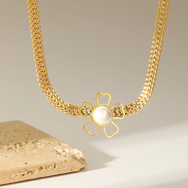EILIECK 316L Stainless Steel Large Flower White Pearl Necklace For Women Fashion New Party Gift Neck Chain Waterproof Jewelry