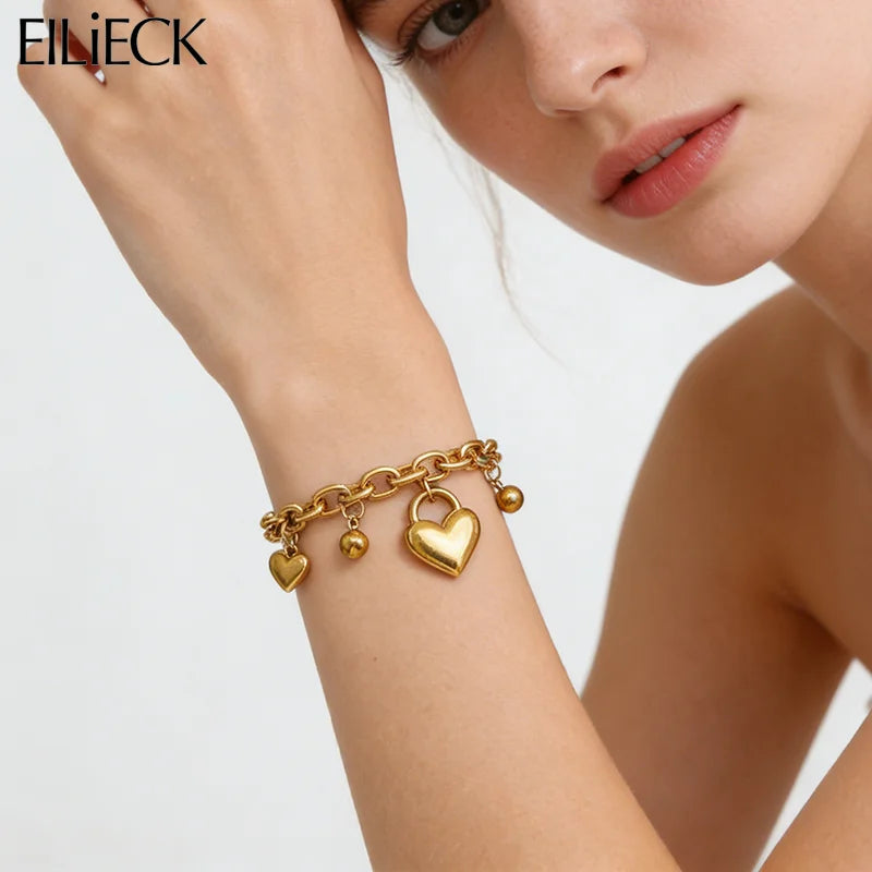 EILIECK 316L Stainless Steel Fashion Heart Love Charm Bracelet For Women New Trendy Waterproof Wrist Chain Jewelry Lady Gift