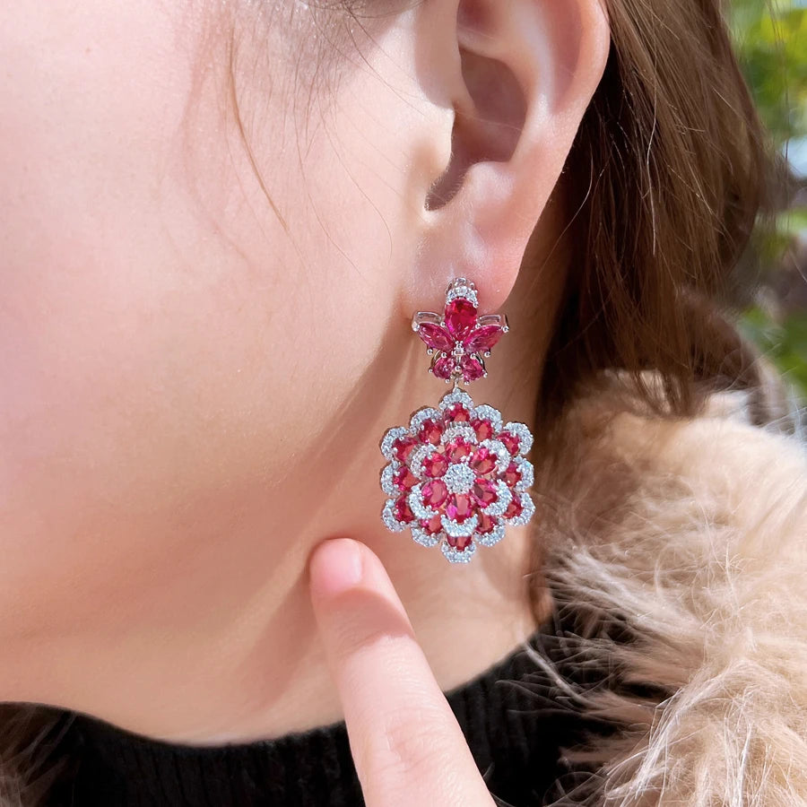 ThreeGraces Elegant Red Zirconia 3D Design Long Flower Dangle Earrings for Women Luxury Bridal Wedding Party Jewelry E1986