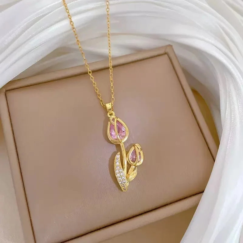 EILIECK 316L Stainless Steel Fashion Chic Cubic Zirconia Flower Pendant Necklace Tarnish Resistant Stylish Neck Chain Jewelry