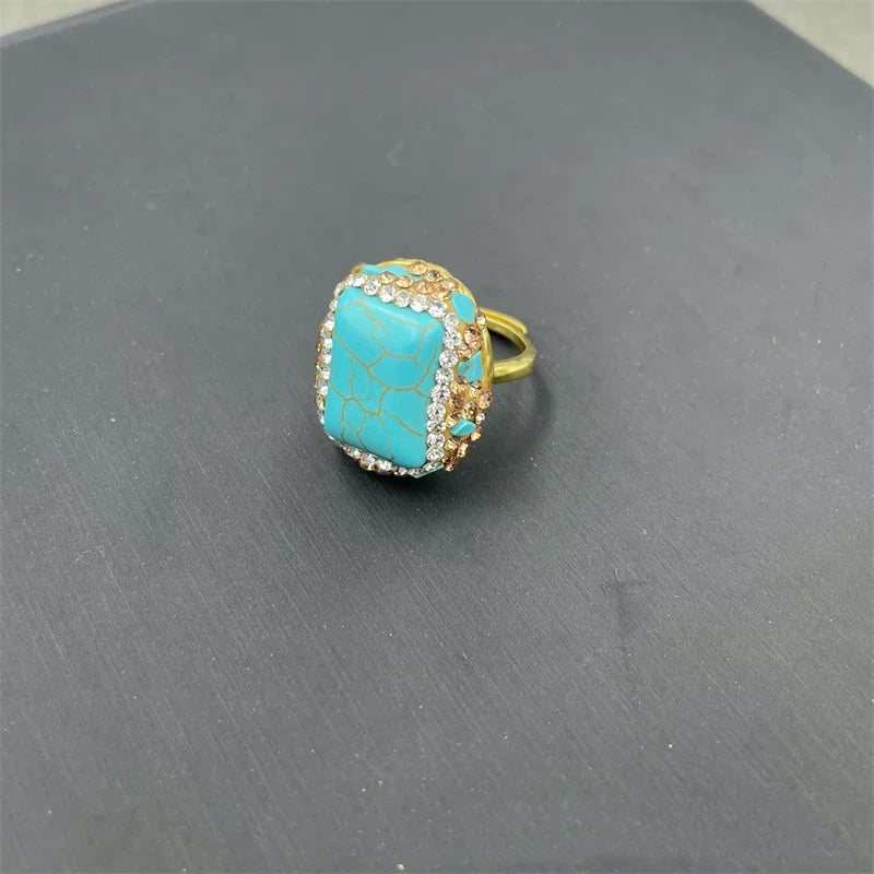 Turkish Natural Blue Turquoise Jewelry Women Gemstone Rhinestone Crystal Necklace Ring Earring Set Party Wedding Dress Acces