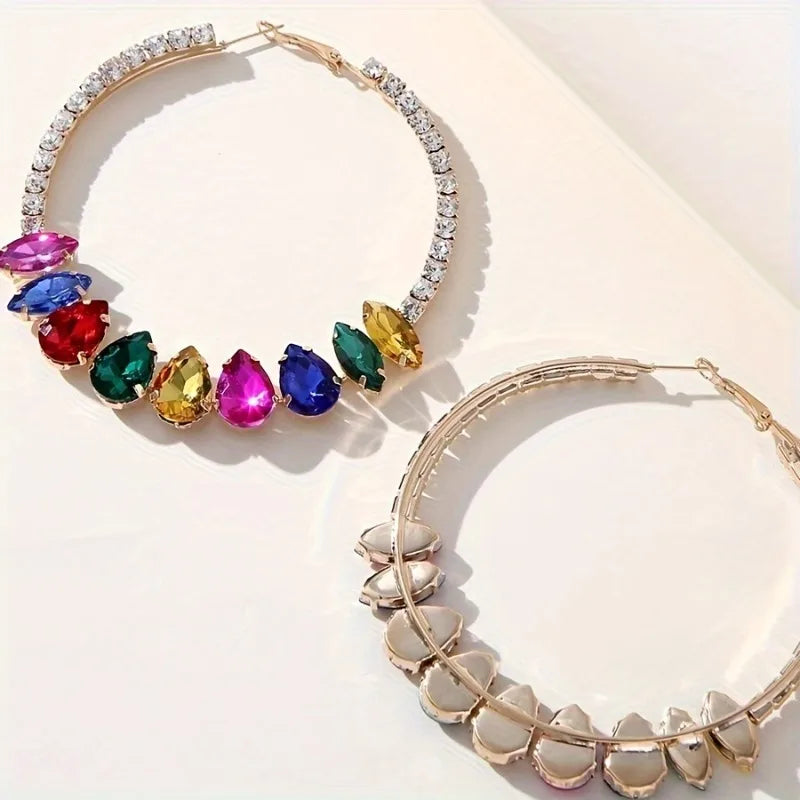 1 Pair Luxury Fashion Statement Hoop Earrings Multicolor Rhinestone Embellished Round Circle Design Ear Jewelry Gifts for Women