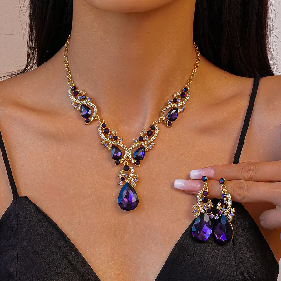 Purple Rhinestone Pendant Necklaces Drop Earrings Party Banquet Jewelry Set Vintage Water Drop Necklace Earrings Accessories H