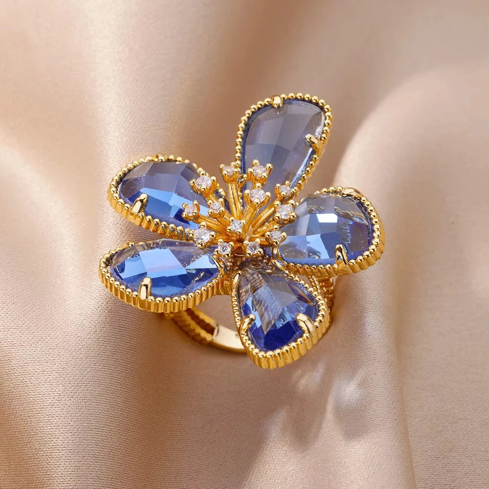 Stainless Steel Rings Gold Plated Colorful Stone Zircon Crystal Luxury Flower Ring For Women Wedding Jewelry Christmas Gift New