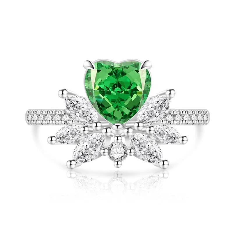 Light luxury 925sterling silver colorful gemstone ice flower ring for women,super sparkly high carbon diamond heart ring jewelry