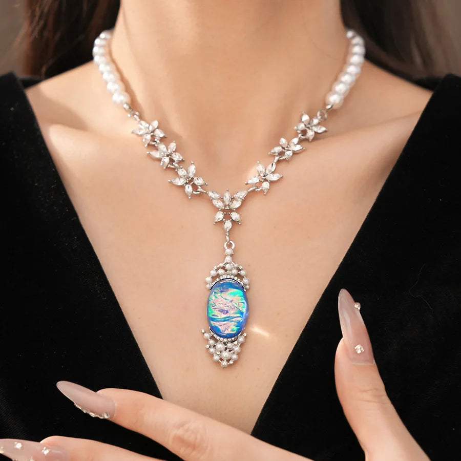 Imitation Pearl Necklace Drop Earrings Oval Shaped Pendant Necklace Earring Women's Fashion Rhinestone Party Jewelry Set  K