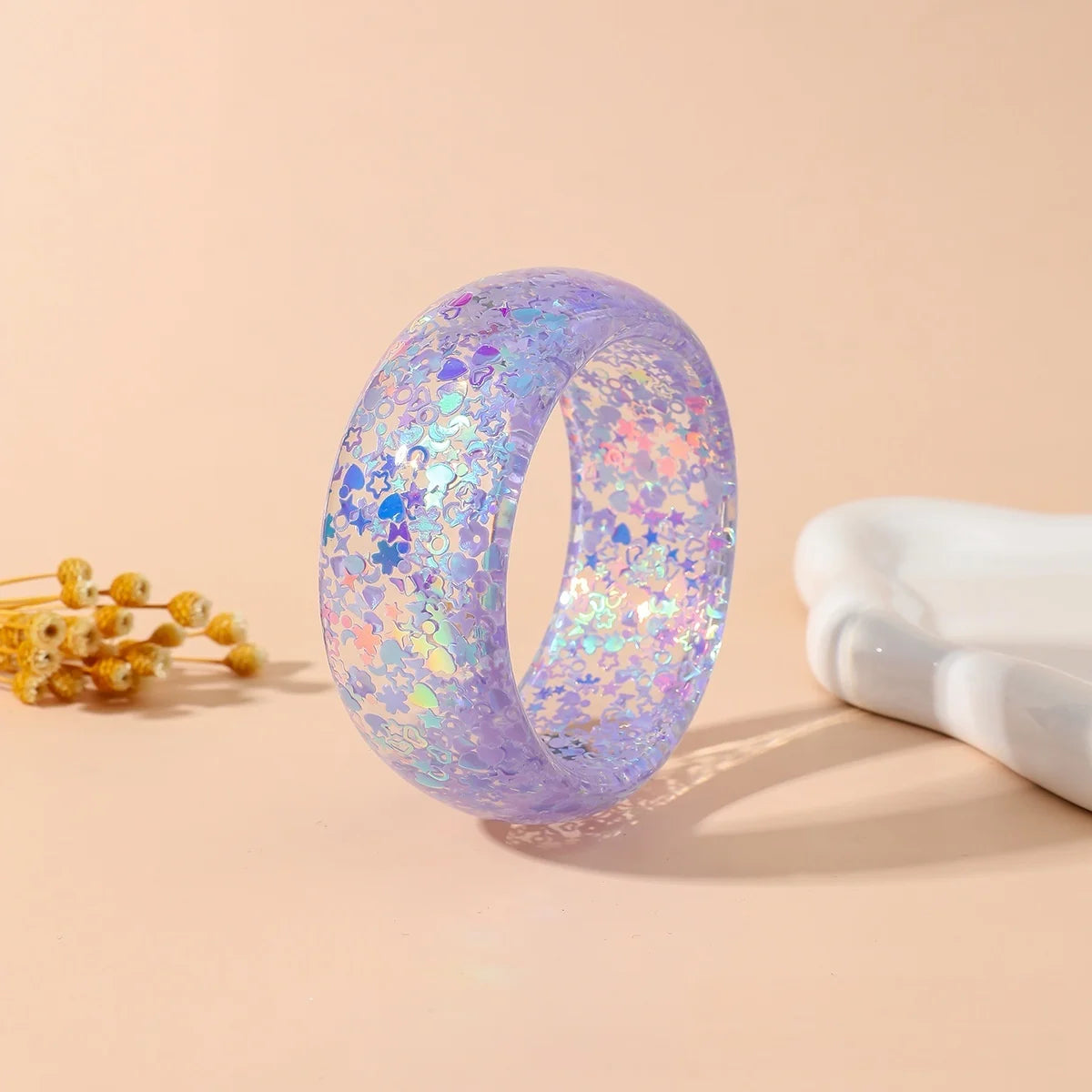 KMVEXO Trendy Personality Star Heart Sequin Acrylic Bangle for Women Statement Resin Cuff Wide Bracelet Daily Jewelry Gift