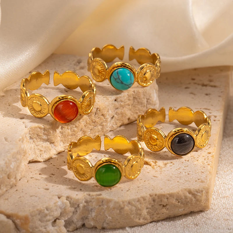 ANENJERY 316L Stainless Steel Colorful Stone Round Card Sun Open Ring for Women Men Niche Special Jewelry Gifts Wholesale