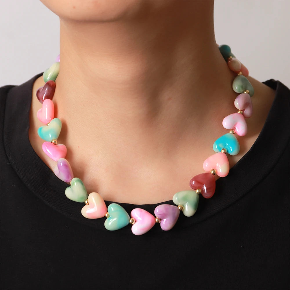 New Colorful Acrylic Geometric Heart Beaded Necklace Bracelet Set Fashion Love Heart Beads Choker Necklace Women Jewelry Gifts
