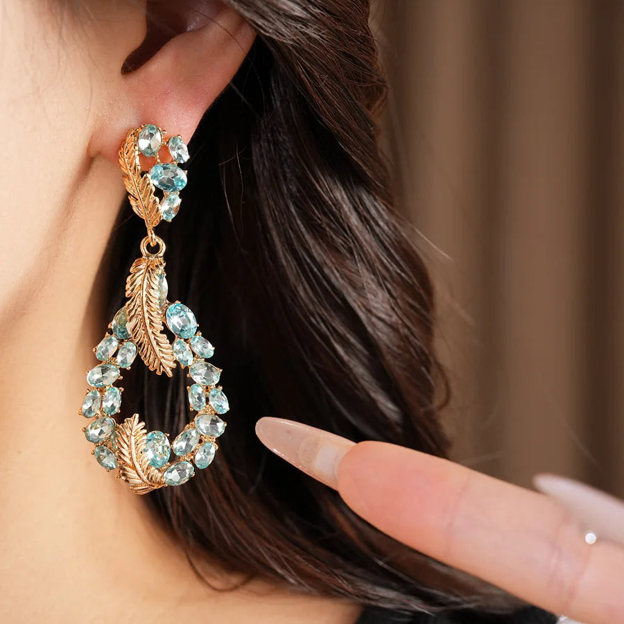Vintage Rhinestone Inlaid Feather Drop Earrings Retro Style Light Luxury High Grade Elegant Exquisite Stud Ear Jewelry For Women