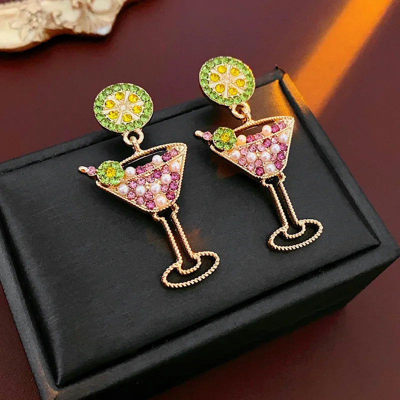 Vintage Lime Wine Glass Earrings for Women Temperament Light Luxury Inlaid Rhinestone Pearl Earring High-grade Sense Jewelry