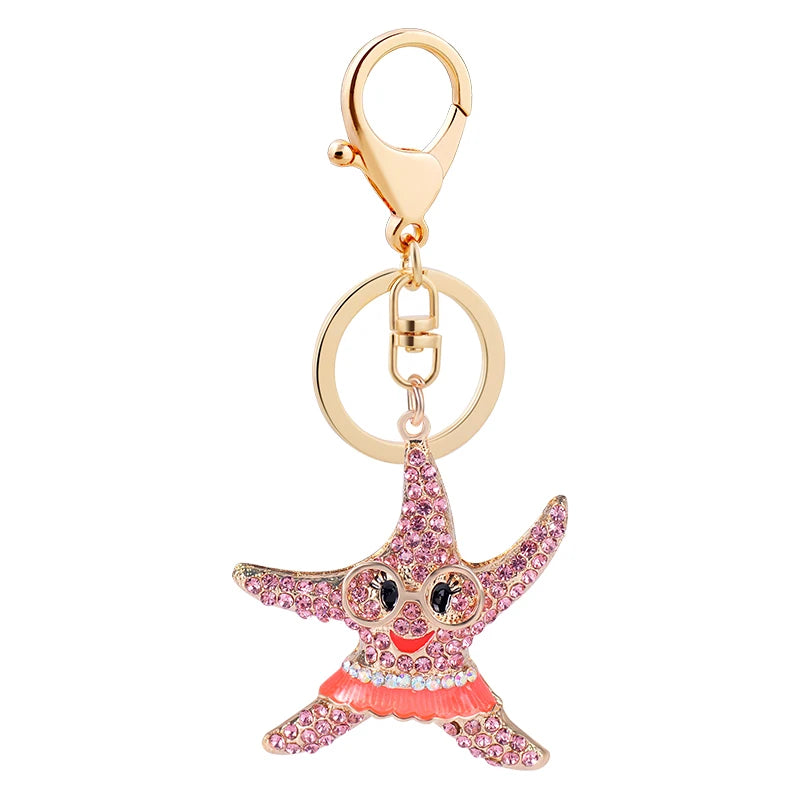 Fashion Rhinestone Crystal Metal Keychain Lovely Cartoon Marine Style Tortoise Fish Dolphin Keyring HandBag Car Pendant Gift