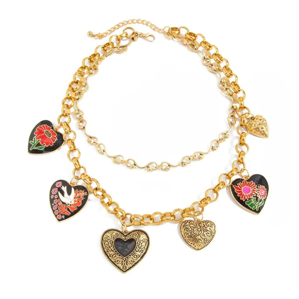Lacteo Exaggerated Vintage Enamel Pattern Flower Big Love Heart Pendant Necklaces Women Creative Luxury Neck Accessories Jewelry