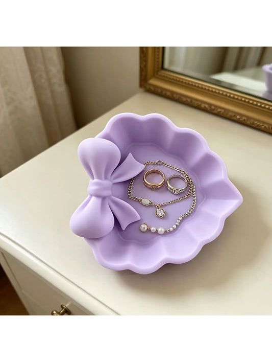 4 Colors, One Piece 3D Printed Heart-Shaped Jewelry Tray with Pink Bow Decoration Tray, Valentine's Day Home Decoration
