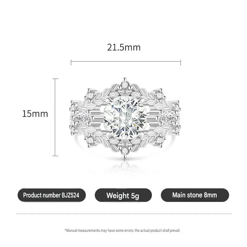 925 Sterling Silver Vintage Leaf Flower Ring Round Ice Flower Cut Cubic Zirconia Wedding Band Luxury Fine Jewelry Gift for Women