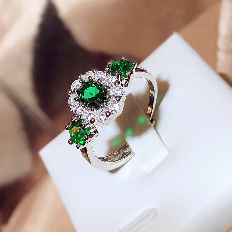 925 Stamp New Green Shiny Zircon Ring For Women's Fashion Green Ring Opening Adjustable Jewelry Bridal Engagement Ring