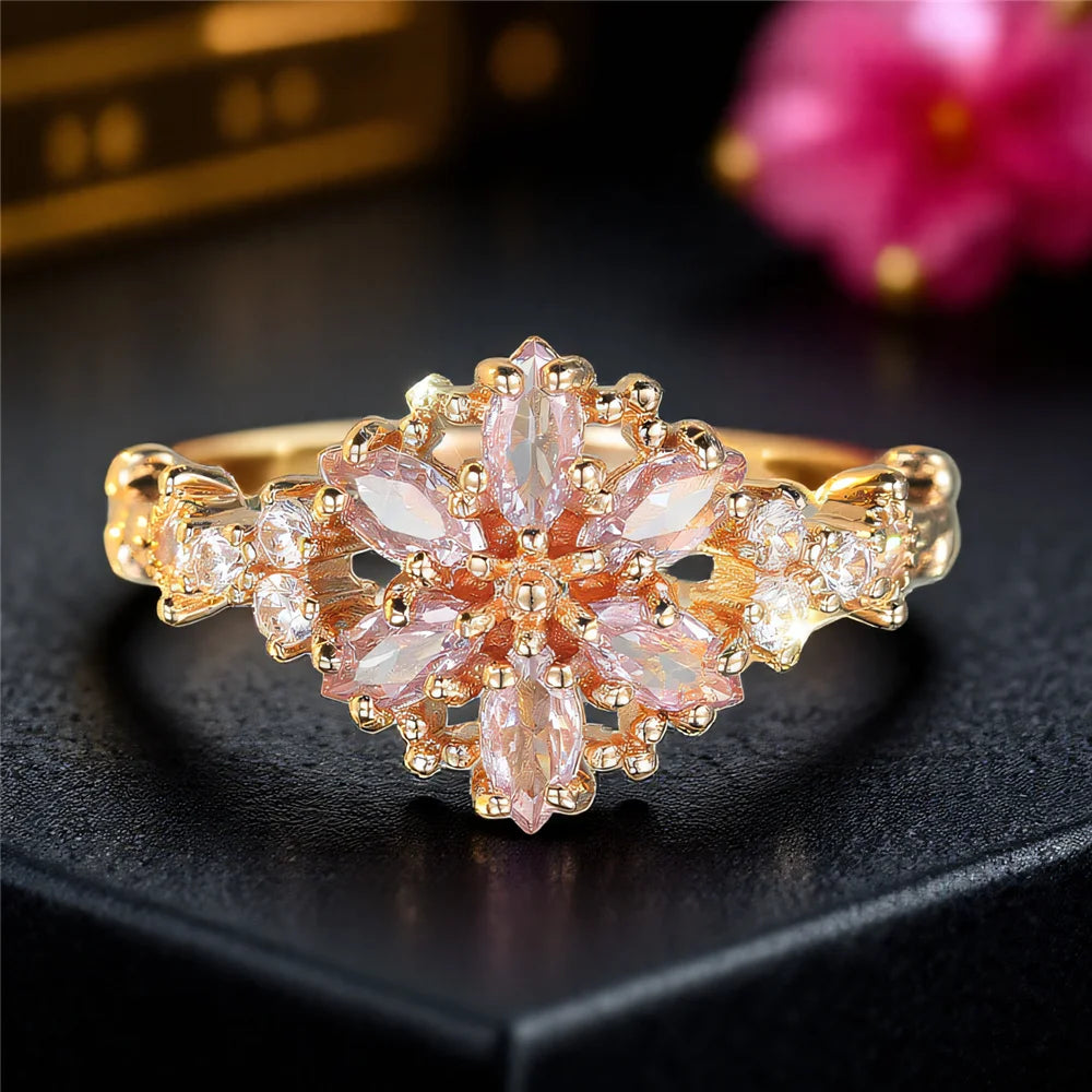 Cute Female Zircon Stone Flower Ring Gold Color Engagement Charm Wedding Jewelry For Women
