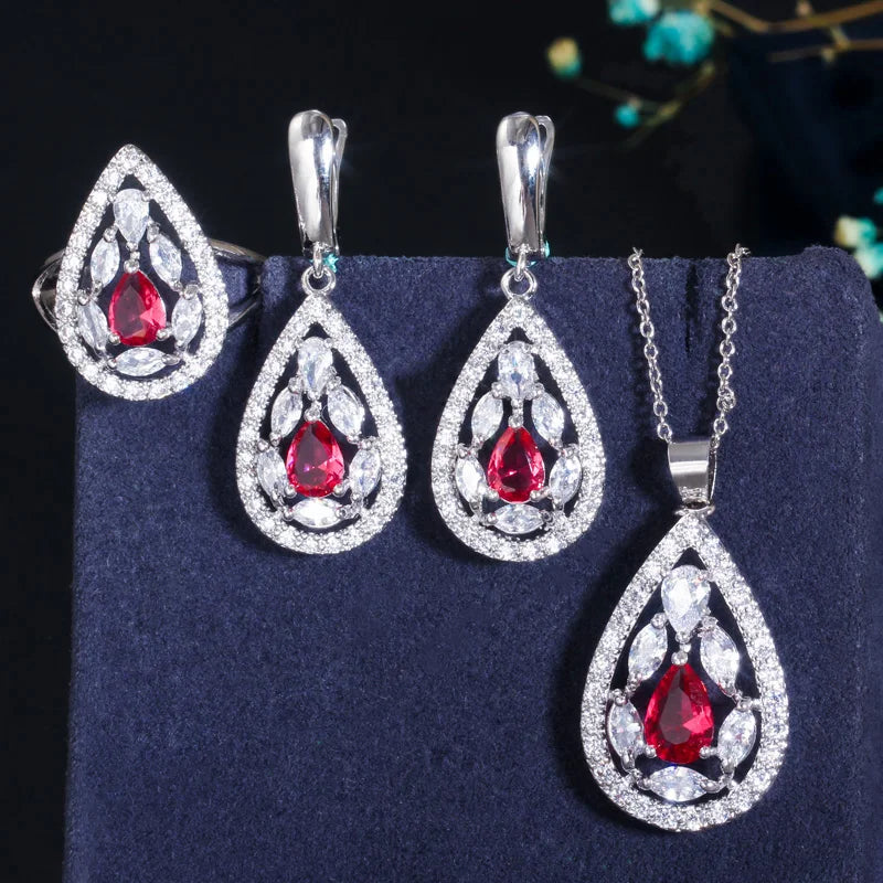 ThreeGraces Shining Red Zirconia Water Drop Shape Earring Necklace Ring Fashion Bridal Party Jewelry Set for Women JS554