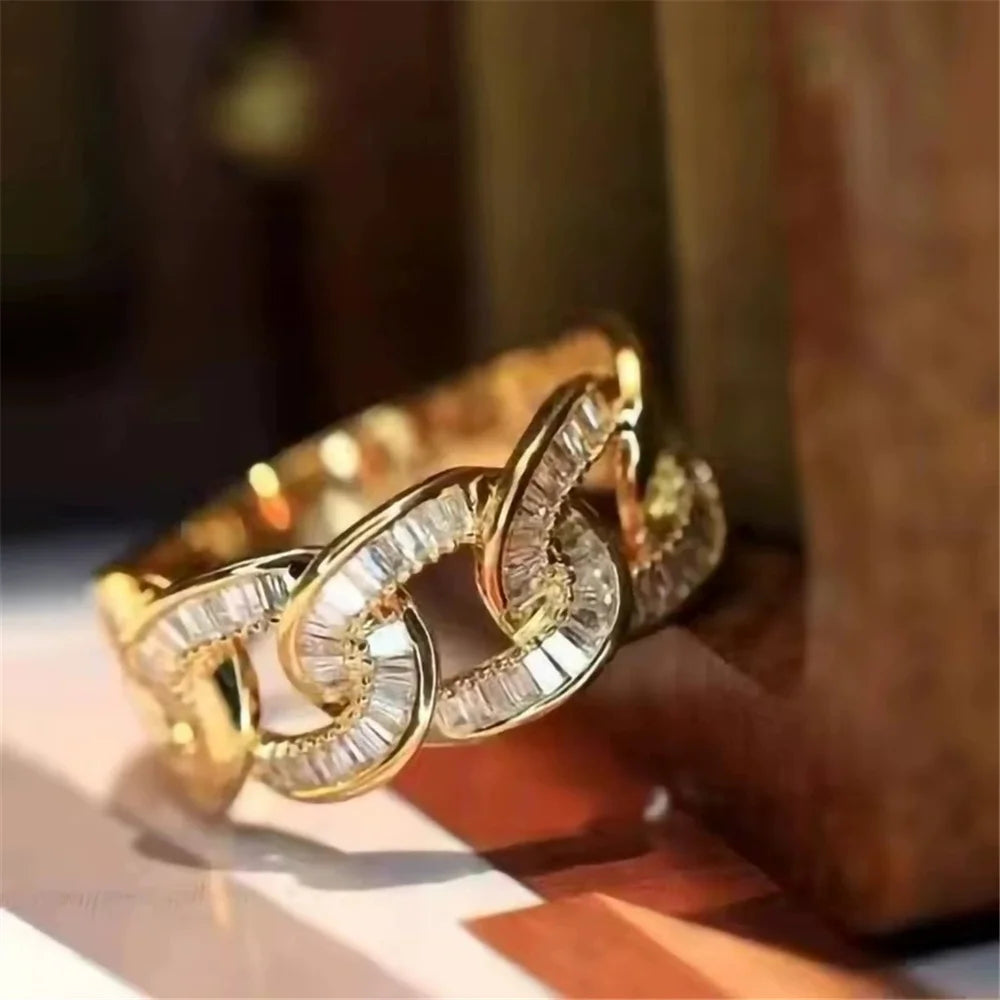 Luxury Female Yellow Gold Color White Zircon Stone Wedding Jewelry Promise Love Engagement Rings For Women