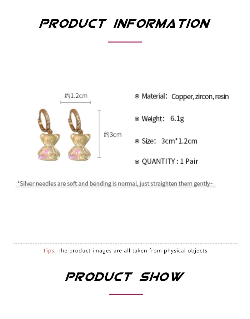 Cute Acrylic Candy Gummy Bear Dangle Earrings for Women Rainbow Bear CZ Hoop Earrings 2026 Fashion Sweet Girl Jewelry