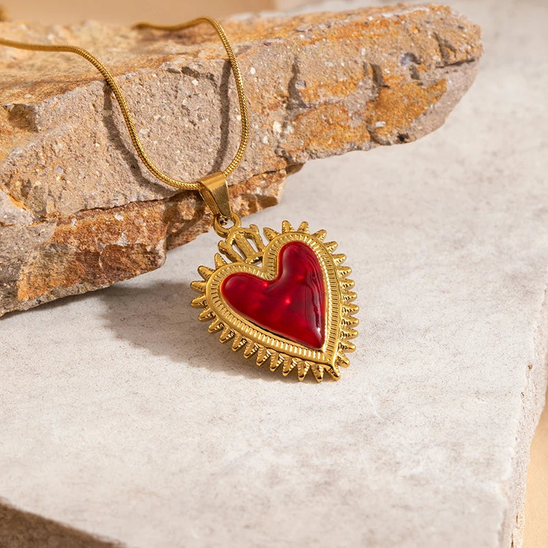 ANENJERY 316L Stainless Steel Red Heart Geometry Pendant Necklace For Women Vintage French Elegant Jewelry Gifts Wholesale