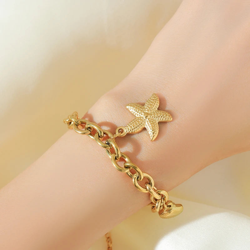 EILIECK 316L Stainless Steel Starfish Shells Charm Bracelet For Women New Trendy Wrist Chain 18K Gold Plated Jewelry Gift Party