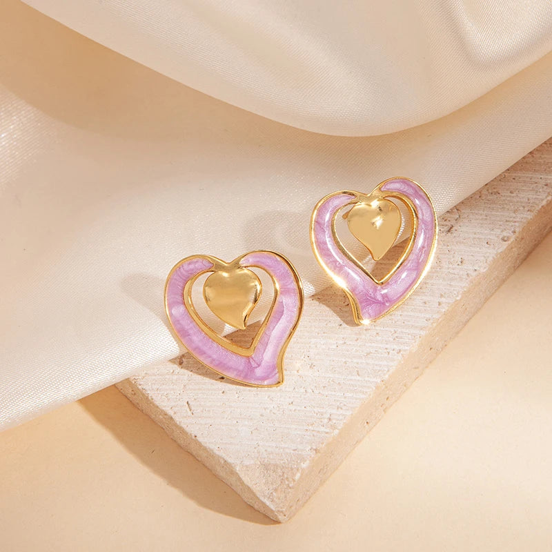 ANENJERY 316L Stainless Steel Hollow Double Heart Stud Earrings For Women Special Luxury Design Lady Jewelry Gifts