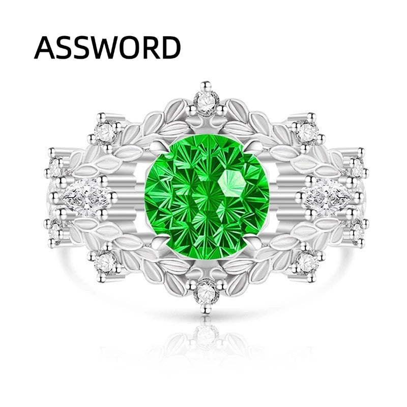 925 Sterling Silver Vintage Leaf Flower Ring Round Ice Flower Cut Cubic Zirconia Wedding Band Luxury Fine Jewelry Gift for Women