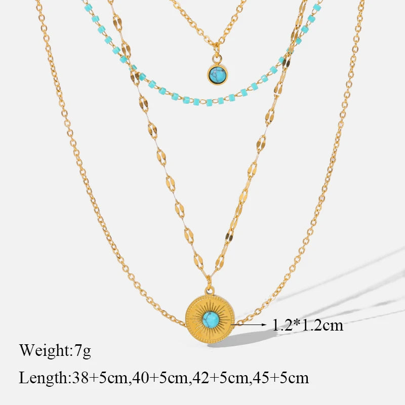 EILIECK 316L Stainless Steel Artificial Turquoise Pendant Necklace for Women Fashion Waterproof 2 Layer Neck Chain Jewelry Gift