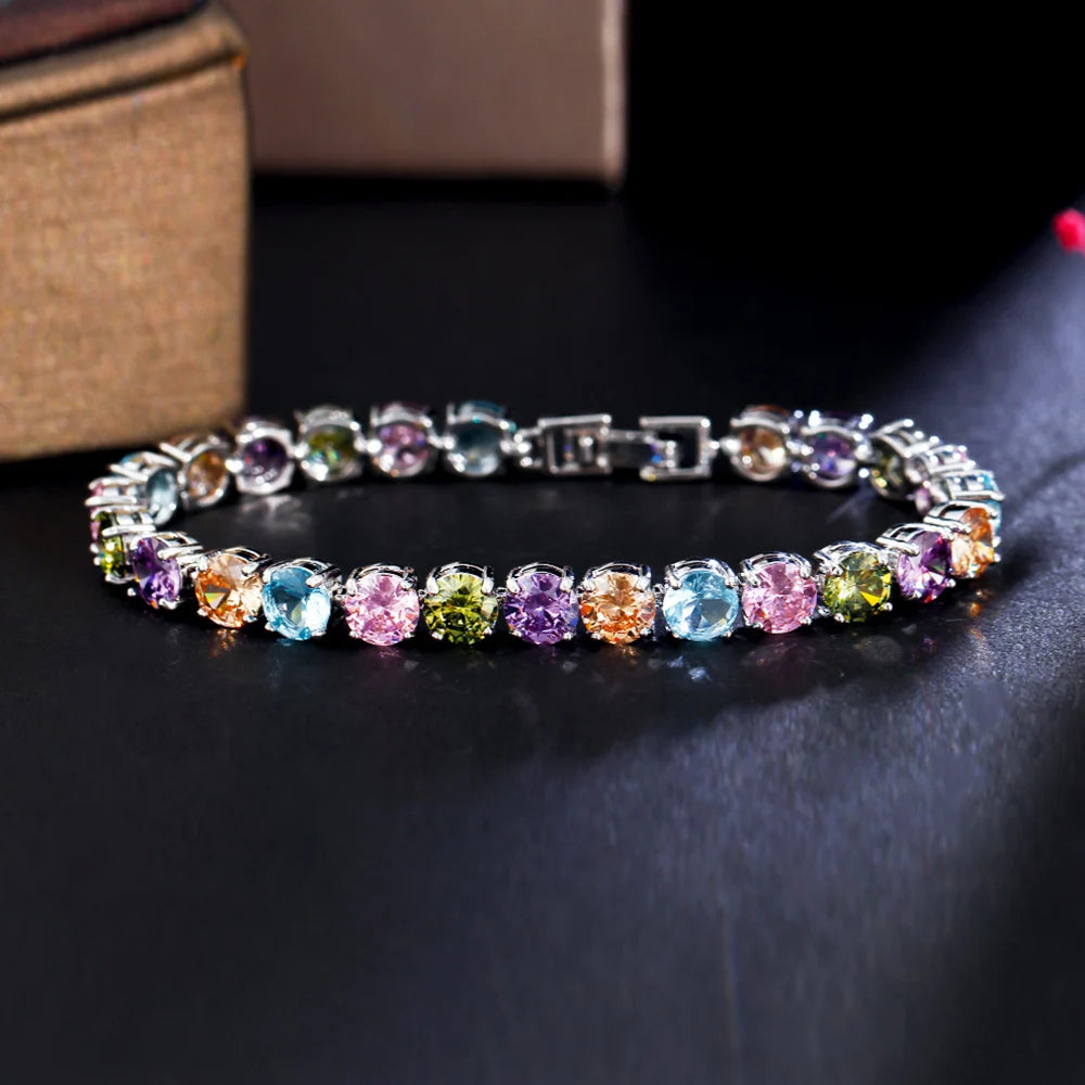 ThreeGraces Shiny Multicolor Cubic Zirconia Fashion Round CZ Tennis Bracelet for Women New Trendy Daily Party Jewelry BR388