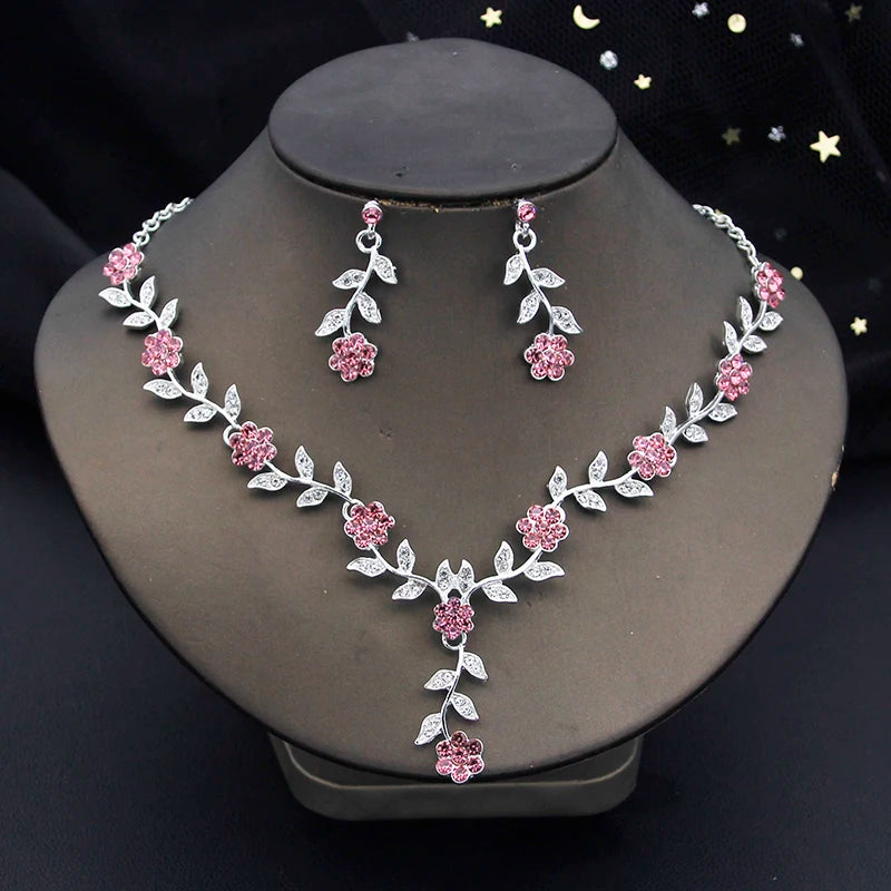 Exquisite 16 Colors Flower Jewelry Set Rhinestone Pendant Party Women Fashion Romantic Wedding Necklace Earring Set 3pcs Gifts